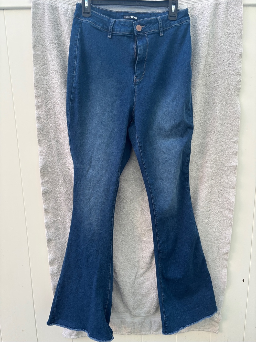 Fashion Nova Dark Blue Flare Jeans with Raw Hem
